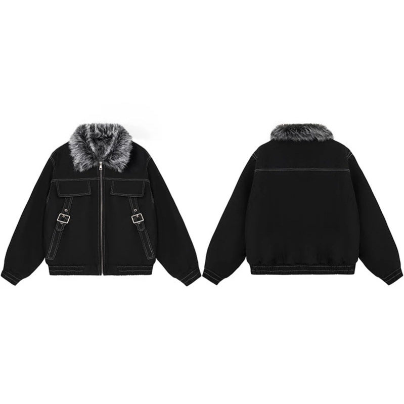 Women's padded bomber jacket with faux fur collar, contrast stitching, and buckle details Chichicherry