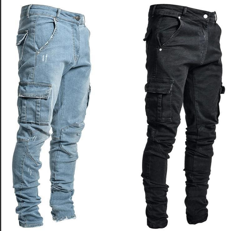 Men's Slim Fit Cargo Jeans with Stretch and Multiple Pockets Chichicherry