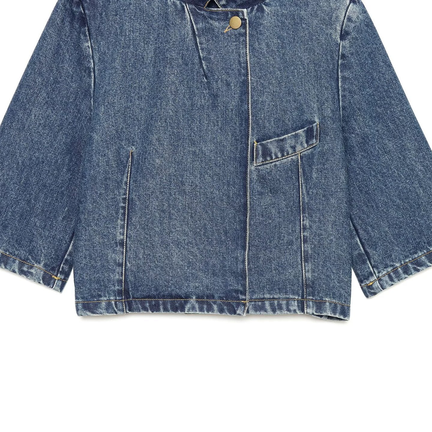 Women's Boxy Cropped Denim Jacket with Stand Collar and Three-Quarter Sleeves Chichicherry