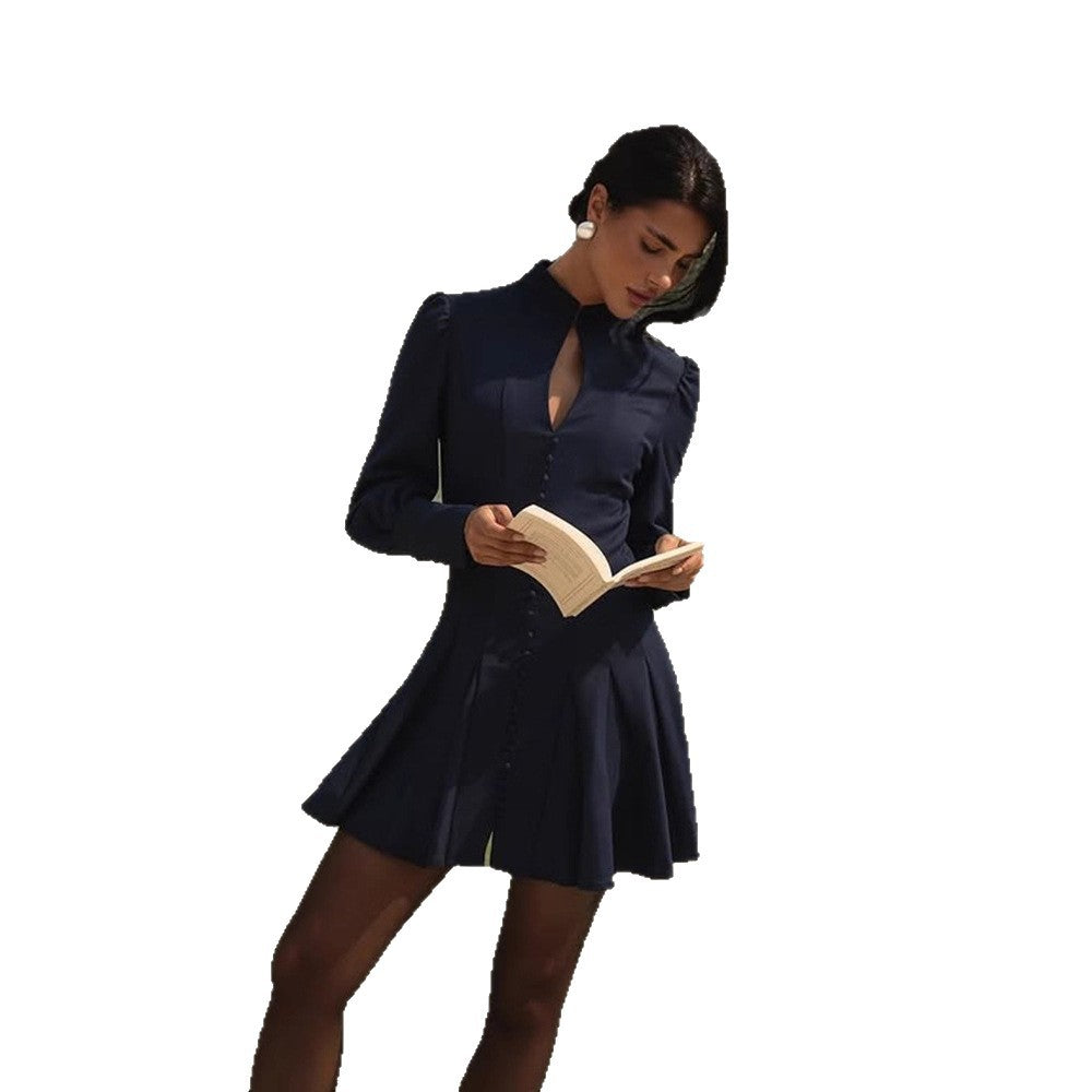 Women's Tailored Skater Mini Dress with Stand Collar, Button Placket and Keyhole Detail Chichicherry