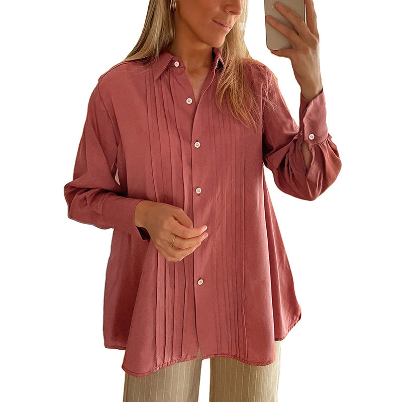 Women's Pleated Tunic Blouse with Shirt Collar and Loose A-Line Silhouette Chichicherry