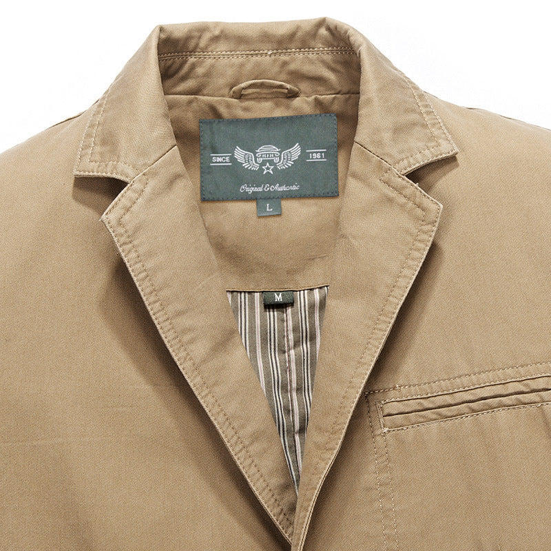 Men's Casual Canvas Blazer in Worker Blouson Style with Shirt Collar and Patch Pockets Chichicherry