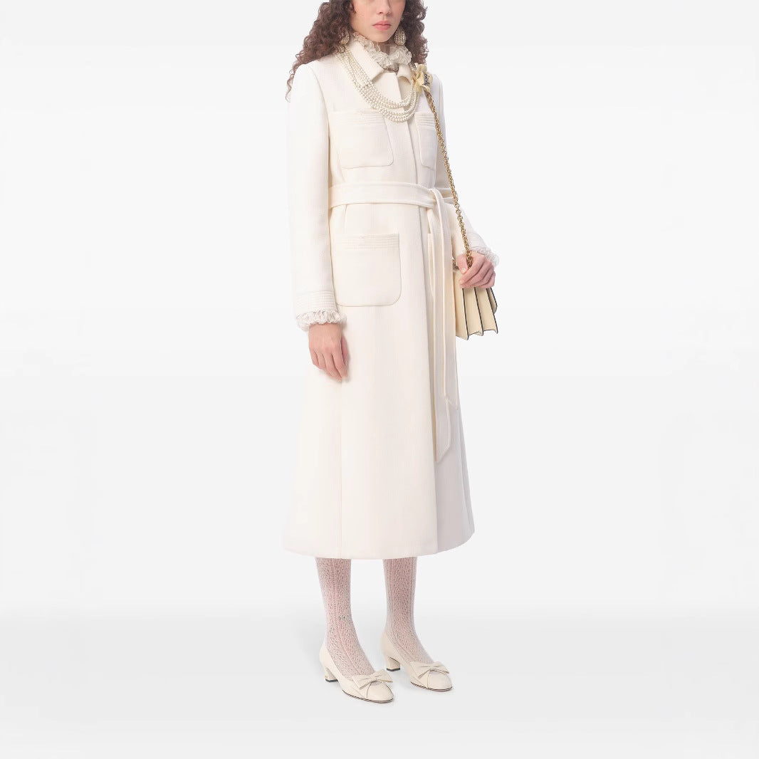 Women's longer tailored wool coat with tie belt and lace trim Chichicherry