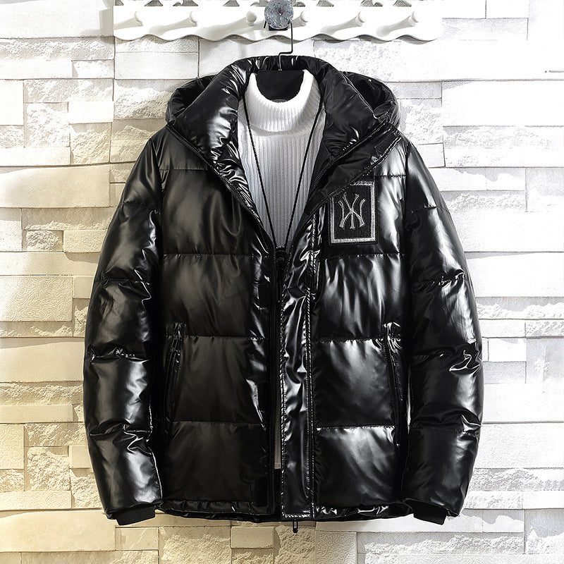 Men's shiny metallic padded jacket with hood, windproof surface and sporty utility design Chichicherry
