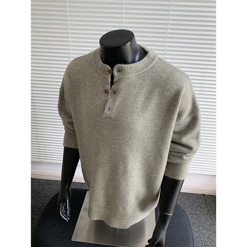 Men's Oversized Knit Sweater with Henley Collar and Half Button Placket Chichicherry
