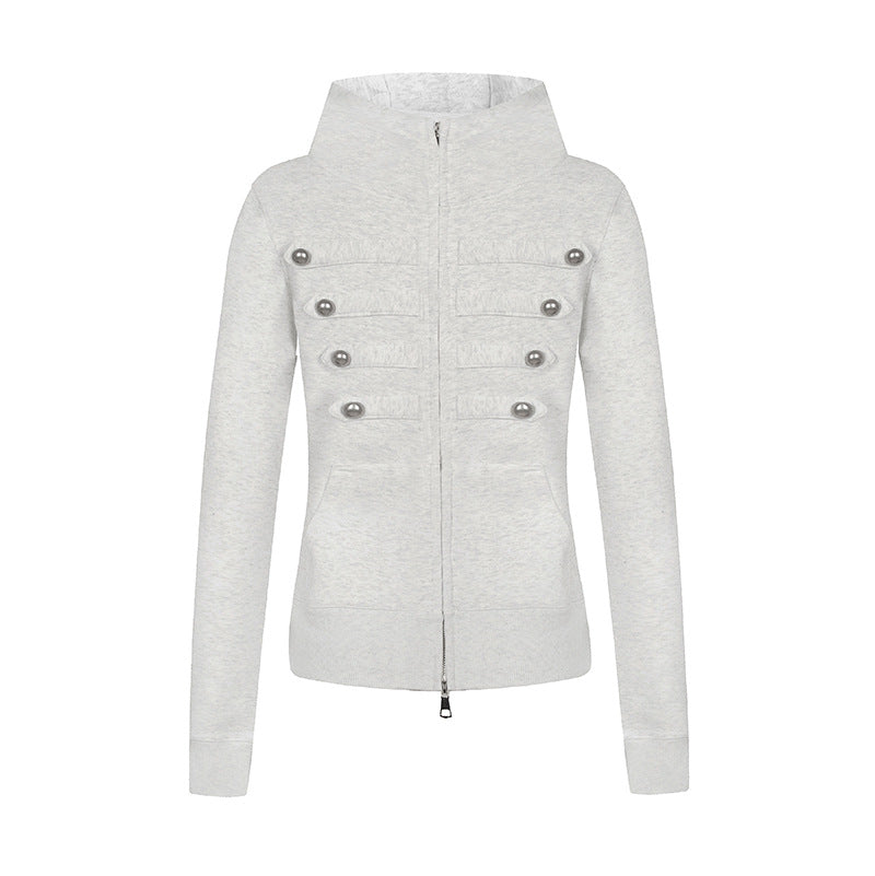 Ladies hooded sweatshirt jacket in military style with stand-up collar, decorative straps, and continuous zipper Chichicherry