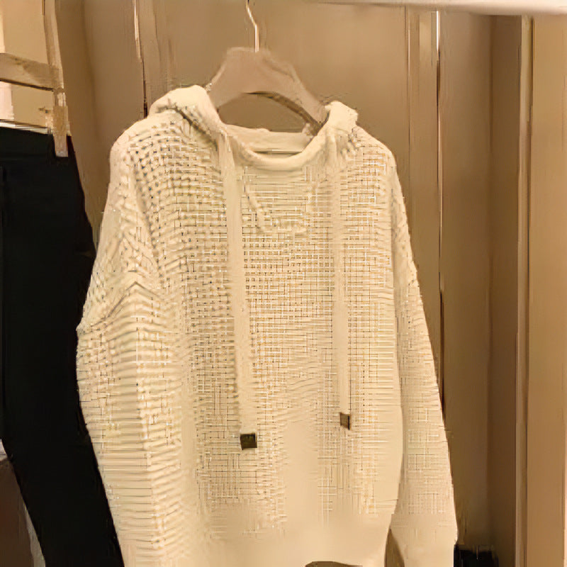 Damen Grob gestrickter Kapuzenpullover mit Waffelstruktur und Kordelzug Chichicherry