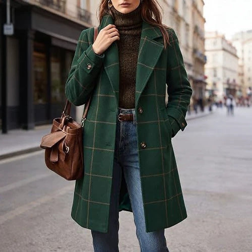 Women's wool coat in check pattern with lapel collar and straight cut Chichicherry
