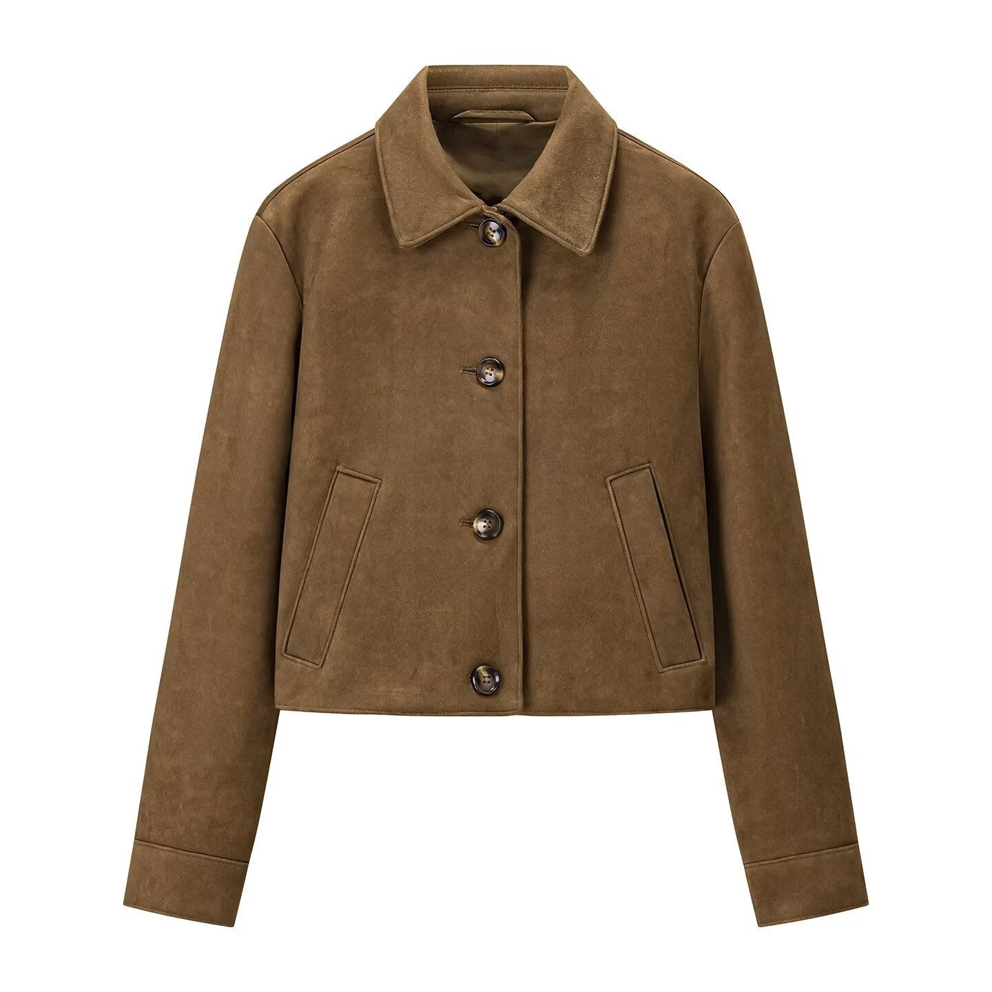 Women's short cut suede look jacket with shirt collar and button placket Chichicherry