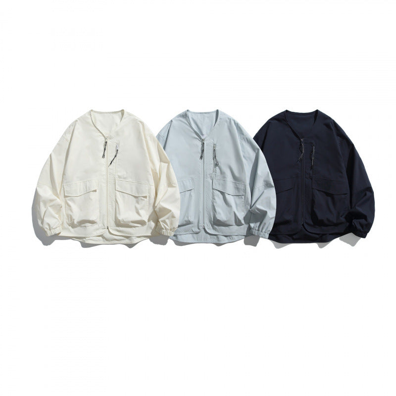 Unisex Lightweight Oversize Utility Jacket without Collar with Front Zipper and Patch Pockets Chichicherry