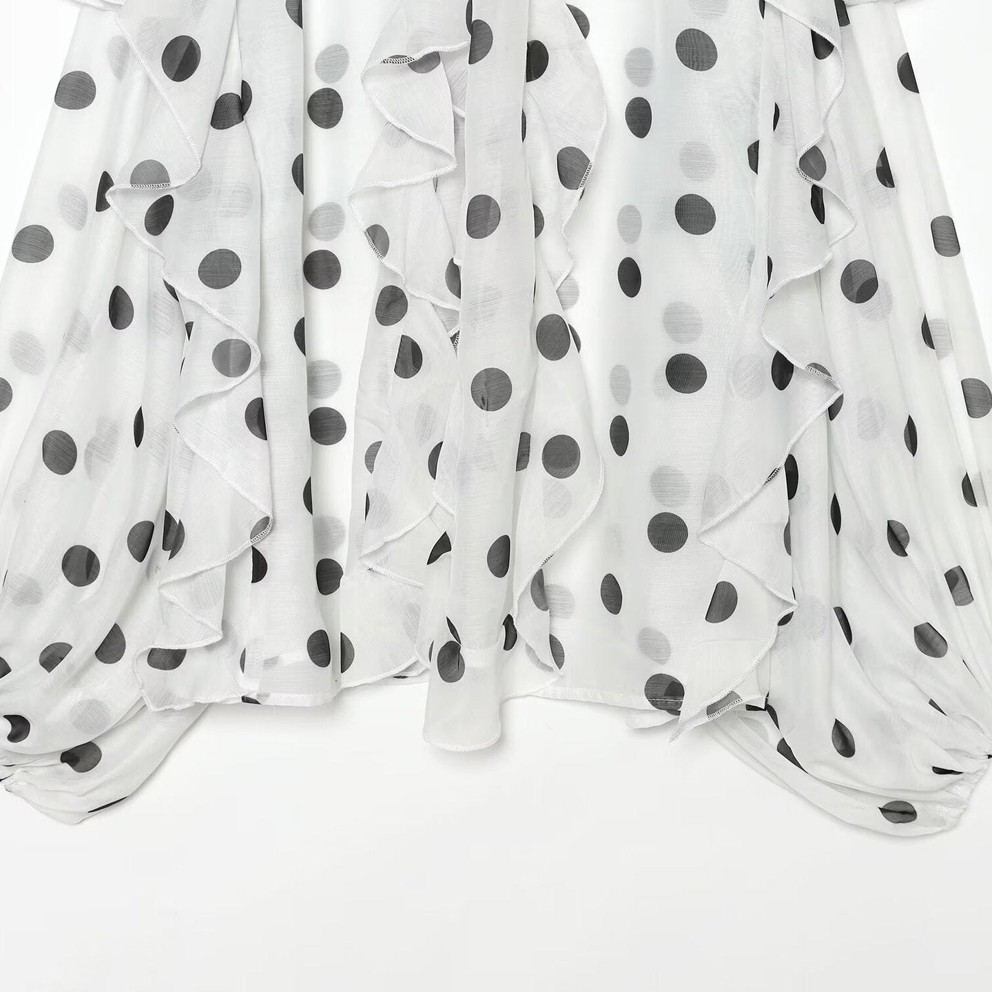 Women Transparent Polka Dot Chiffon Blouse with XXL Ruffles and Bow Collar Chichicherry