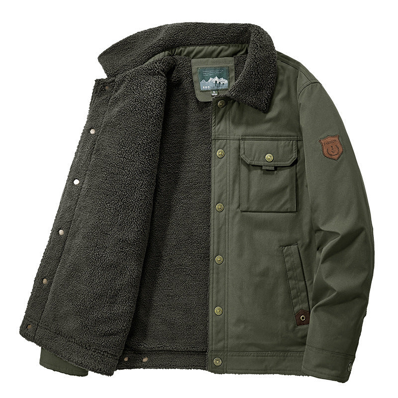 Men's Lined Canvas Trucker Jacket with Teddy Fleece Lining and Shirt Collar Chichicherry