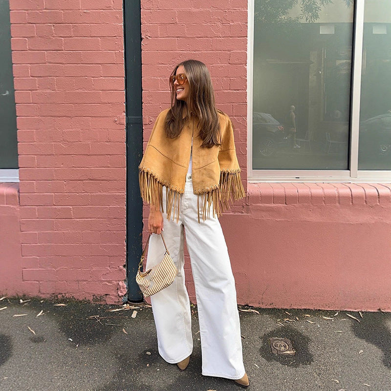 Women's Suede-Look Fringe Cape with Shirt Collar and Eyelet Decoration Chichicherry