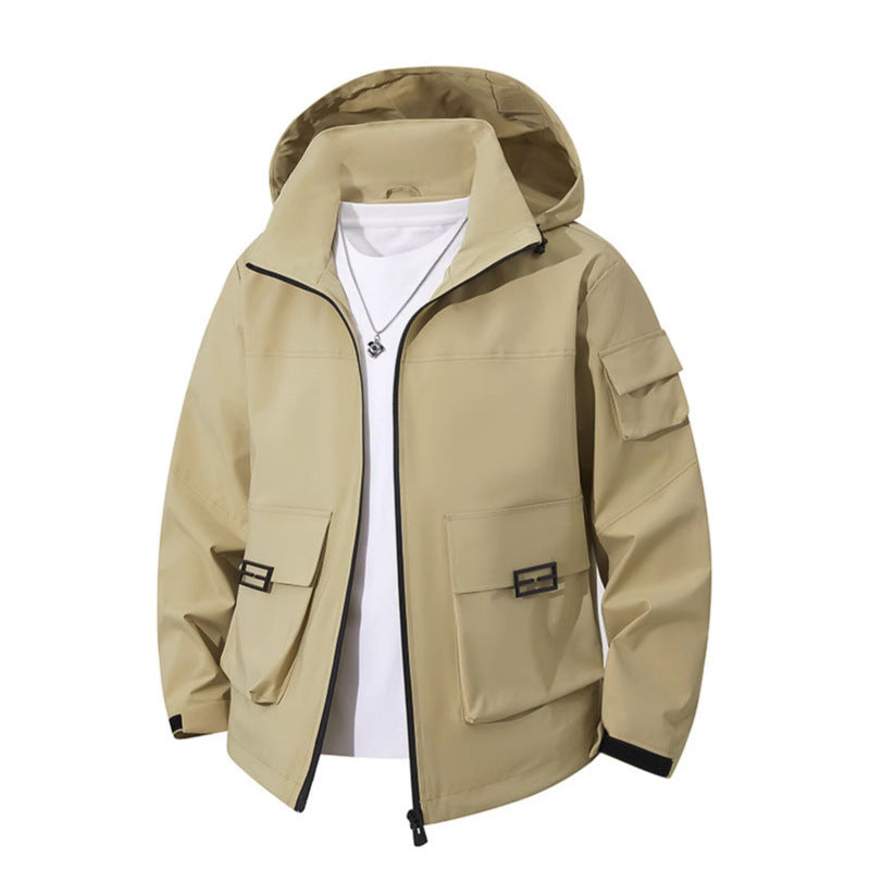 Men's Technical Utility Hooded Jacket with Multiple Flap Pockets and Wind-Resistant Softshell Chichicherry