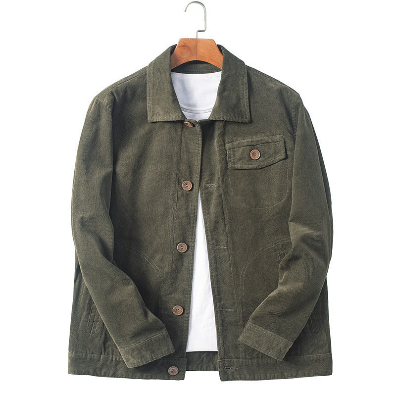 Men's corduroy chore jacket in a worker style with shirt collar and wooden button closure Chichicherry