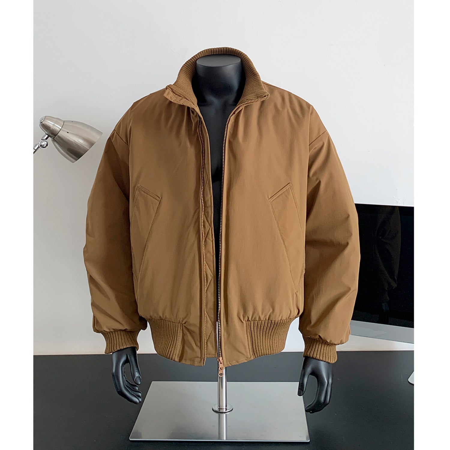Men's Oversized Quilted Bomber with High Ribbed Collar Construction and Hidden Zipper Chichicherry