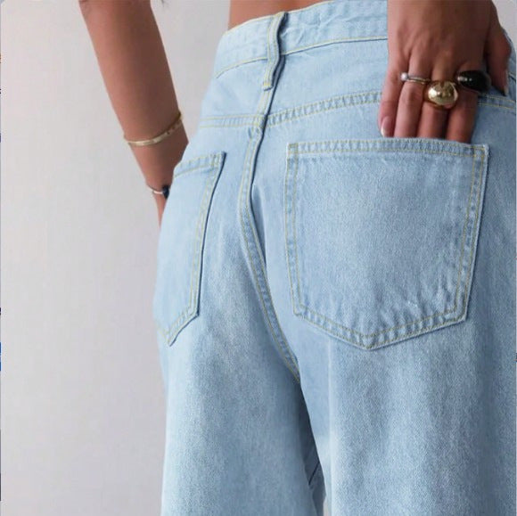Women's Wide Denim Culotte with High Waist, Distressed Details and Raw Hem Chichicherry