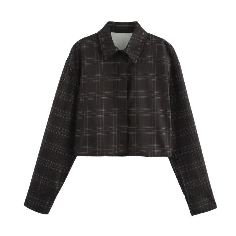 Women's Cropped Boxy Shirt Jacket in Checkered Pattern with Concealed Button Placket Chichicherry