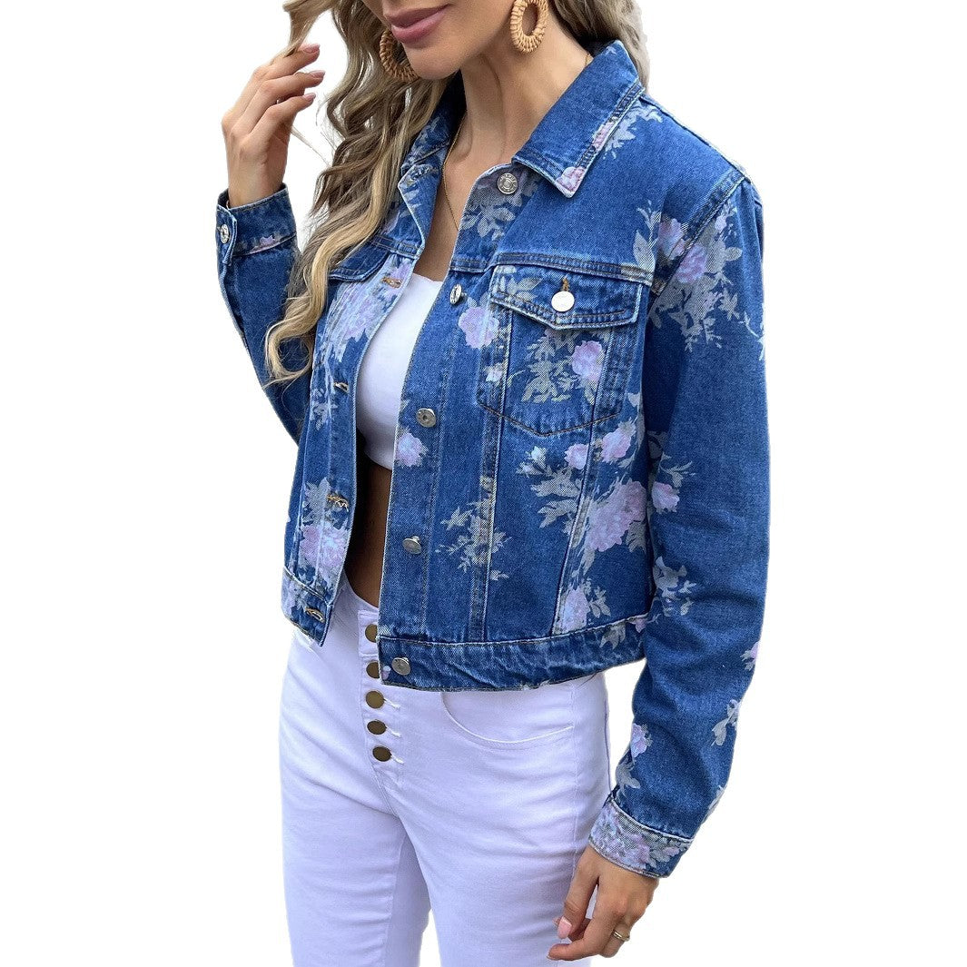 Women's Short-Cut Denim Jacket with Floral Watercolor Print and Flap Pockets Chichicherry