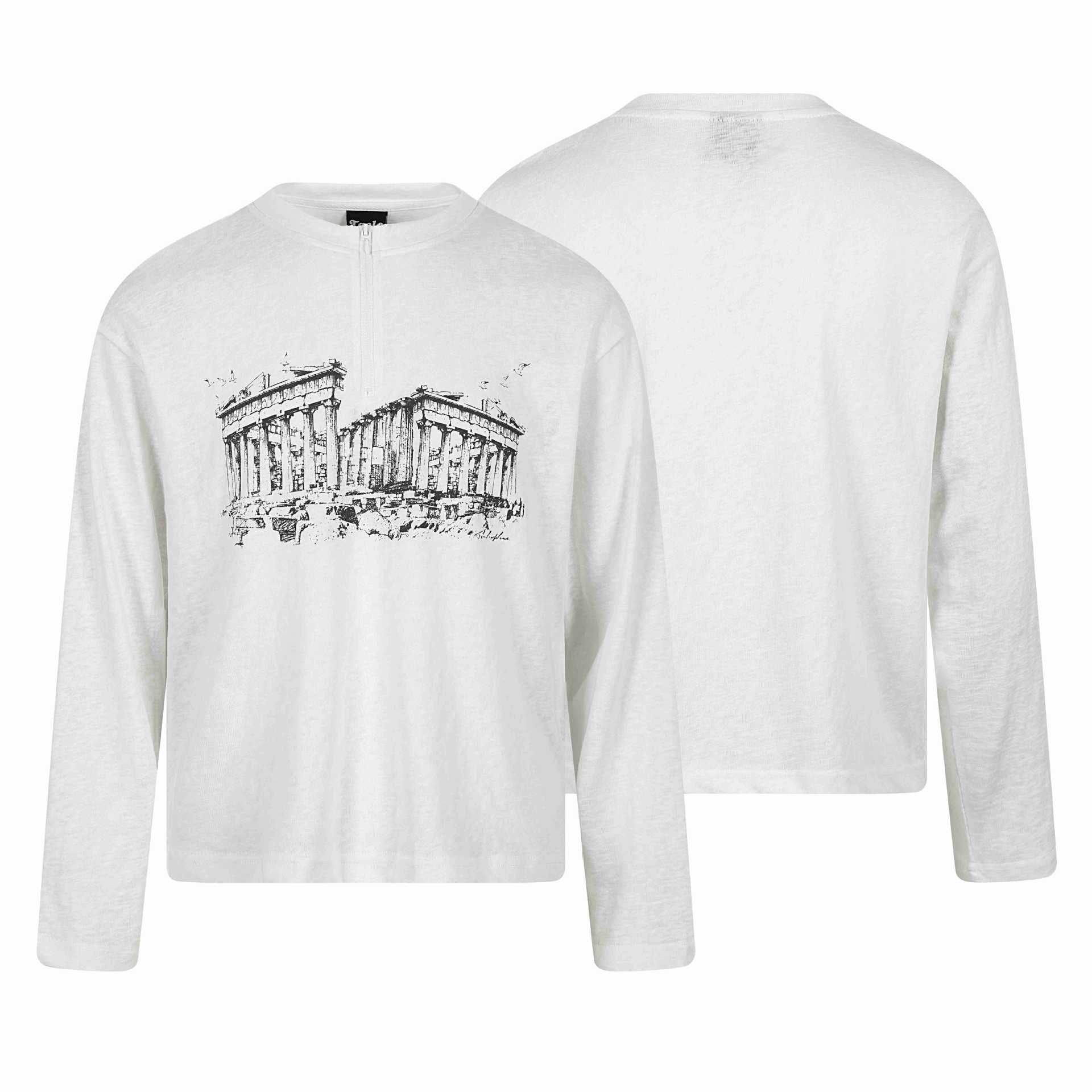 Unisex Long Sleeve Half Zip Shirt with Stand-Up Collar and Parthenon Print Chichicherry