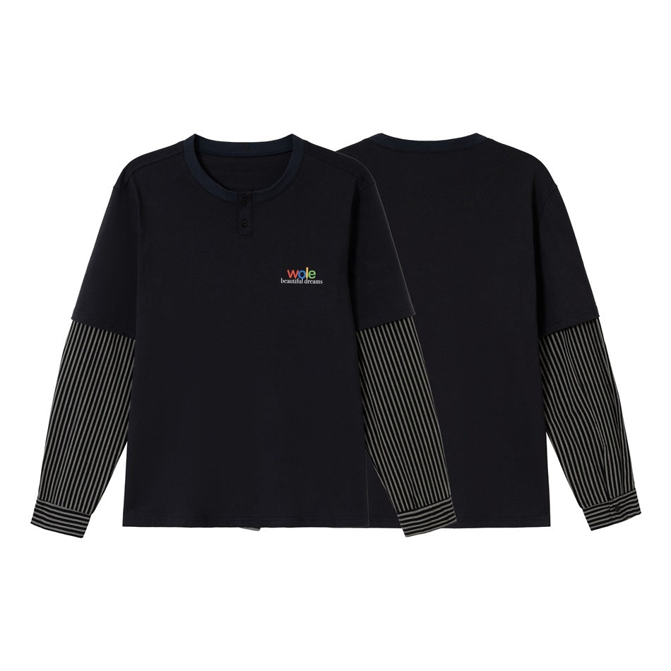 Unisex Layered Long Sleeve Shirt with Henley Placket and Striped Sleeve Inserts Chichicherry