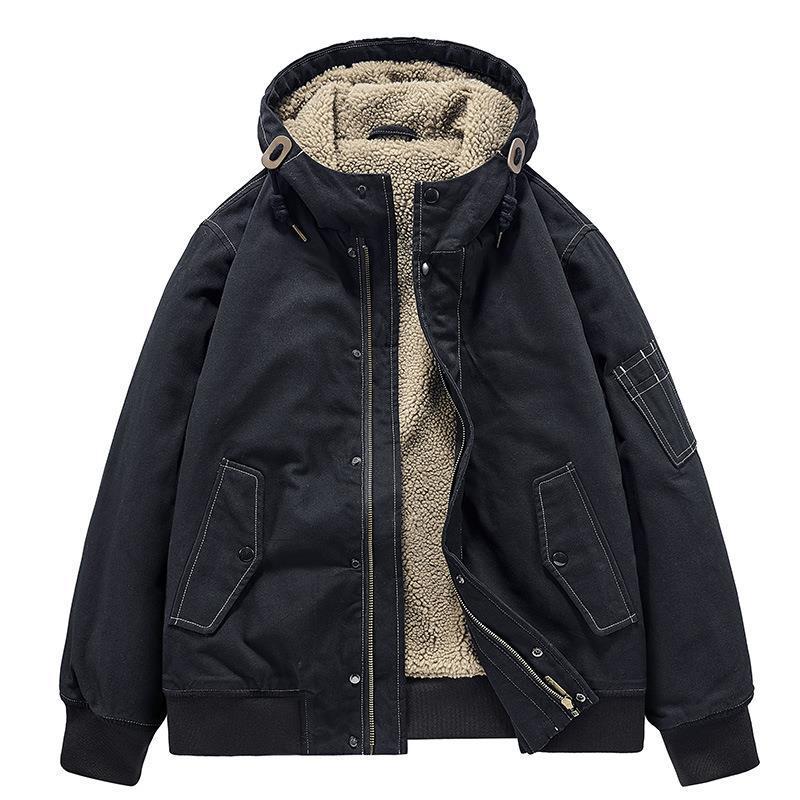 Men's Hooded Canvas Jacket with Sherpa Lining, Windproof and Utility Pockets Chichicherry