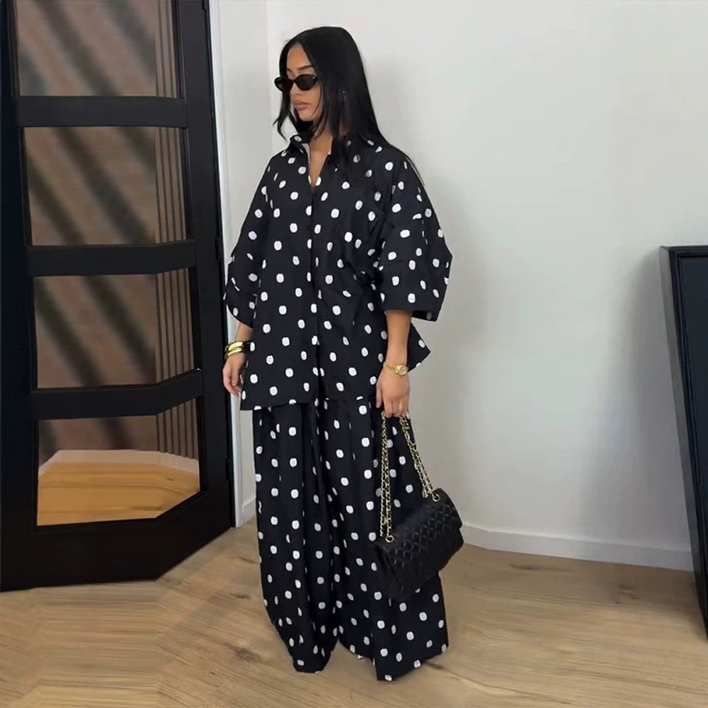 Women's Two-Piece Oversized Blouse and Palazzo Pants Set with Polka Dot Pattern Chichicherry