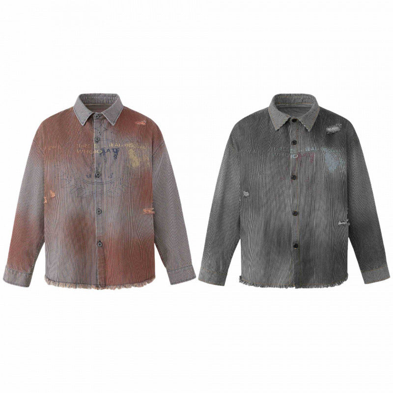 Unisex Boxy Overshirt Jacket made of Fine Cord with Used Effect, Fringes and Button Placket Chichicherry