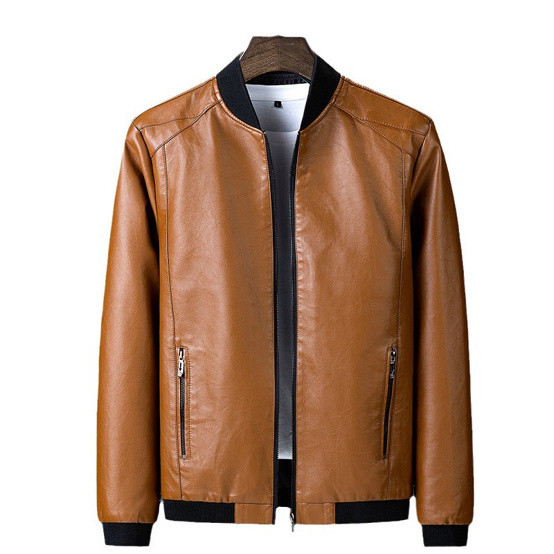 Men's smooth leather look bomber jacket with stand-up collar, zippered pockets, and elastic cuffs Chichicherry