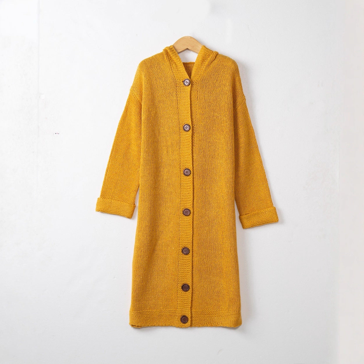 Women's Hooded Long Cardigan made of medium-thick ribbed knit with a full button placket and loose oversized cut Chichicherry