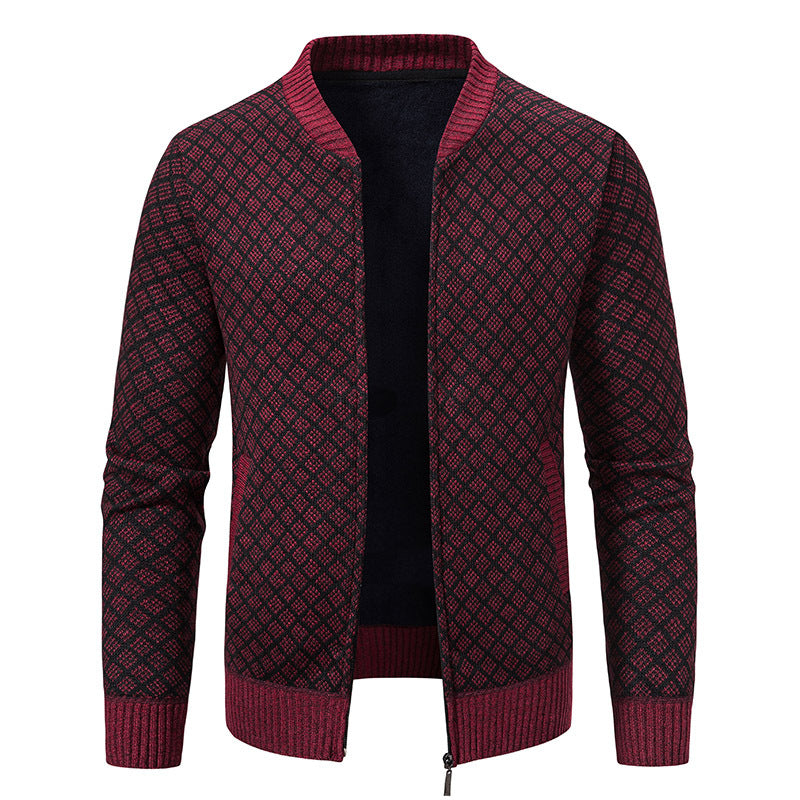 Men Tailored Jacquard Zip Cardigan with Diamond Structure and Pockets Chichicherry