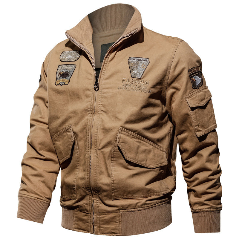 Men's Military Canvas Bomber Jacket with Embroidered Patches and Arm Pocket Chichicherry
