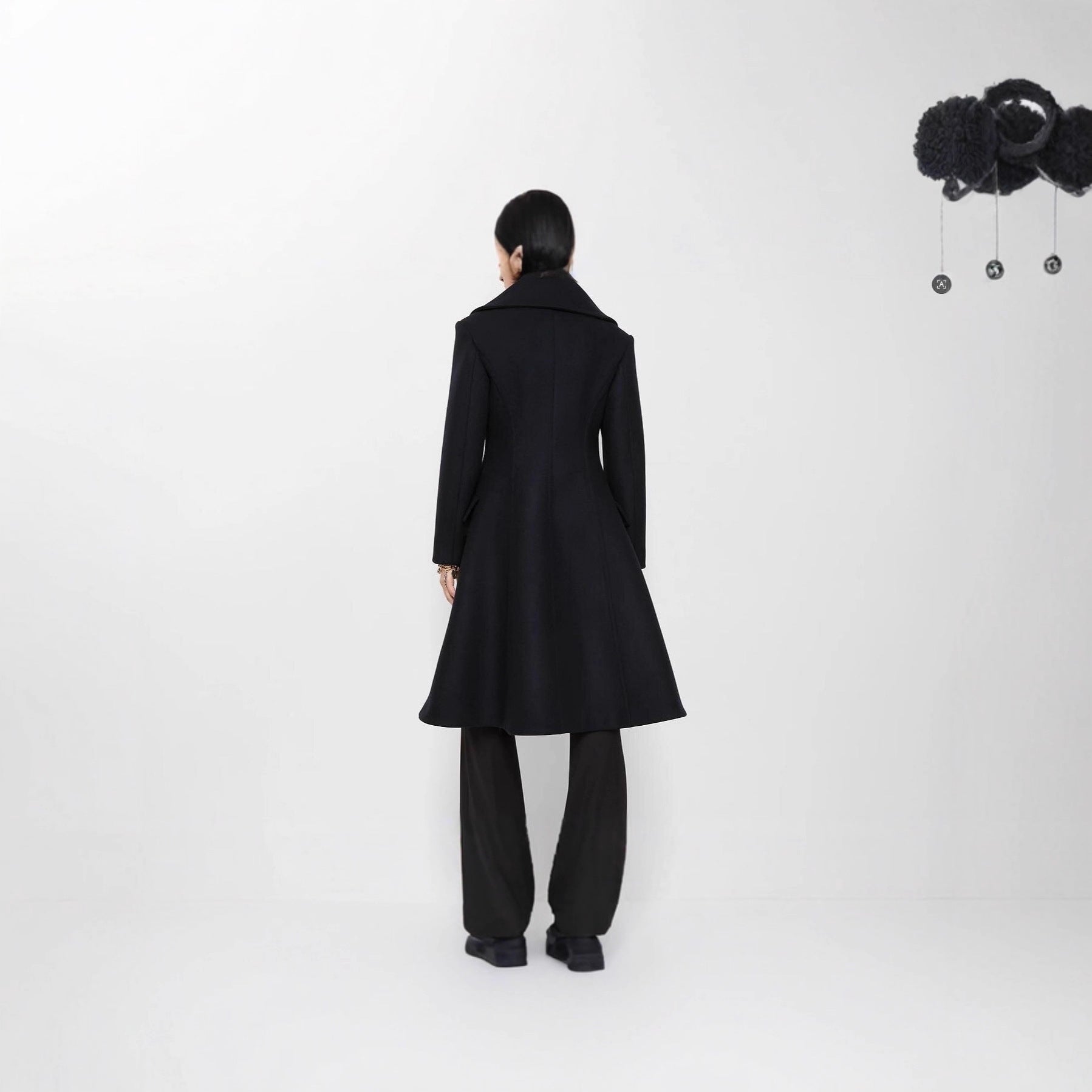 Women's Tailored Double-Breasted Wool Coat with Wide Shawl Collar and Flared Hem Chichicherry