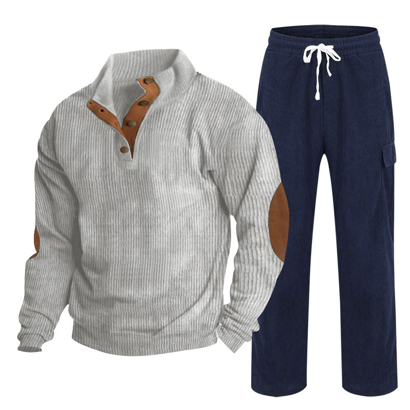 Men's Cozy Leisure Set made of Waffle Knit Henley with Elbow Patch and Relax Cargo Pants Chichicherry