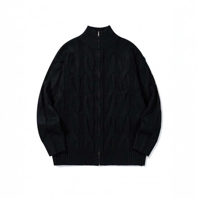 Unisex Chunky Knit Zip-up Cardigan with Cable Pattern and High Ribbed Collar Chichicherry