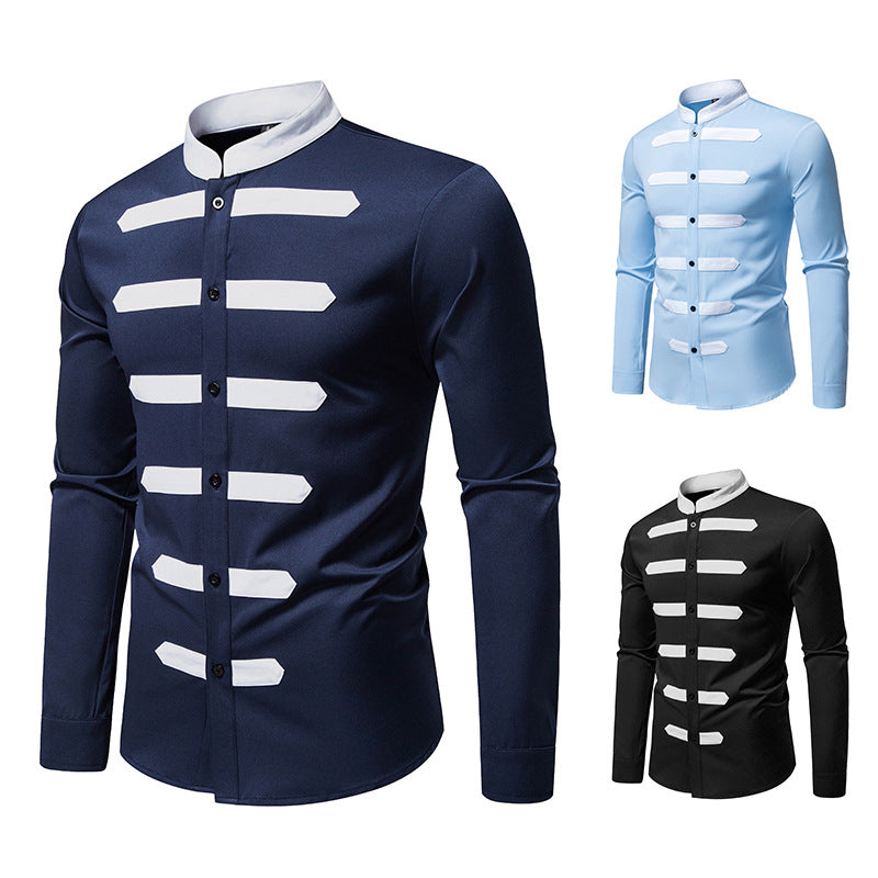 Men's Slim-Fit Shirt with Stand Collar and Decorative Piping Stripes Chichicherry