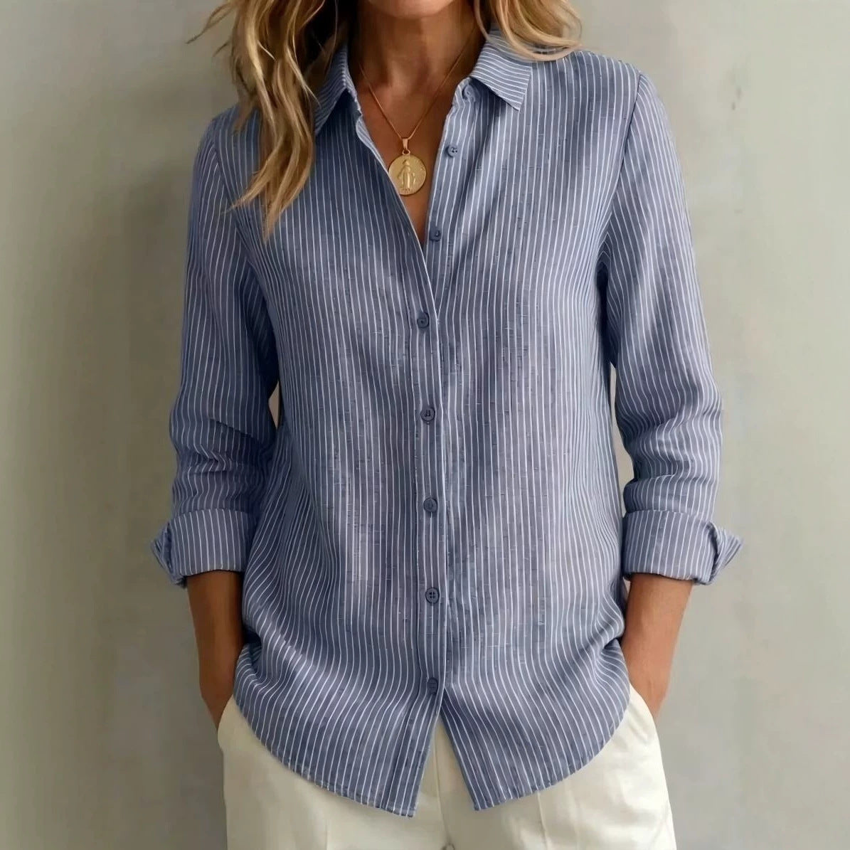 Women's lightweight shirt with fine pinstripe relaxed fit and button placket Chichicherry