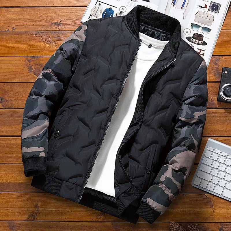 Men's lightly padded bomber jacket in urban camo mix with diamond quilting and ribbed finishes Chichicherry