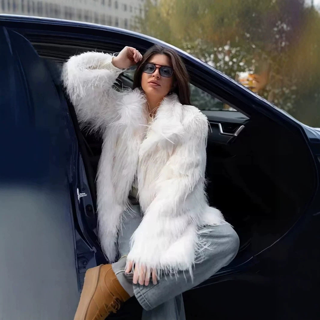Women's Short Faux Fur Coat with Voluminous Shawl Collar and High Pile Look Chichicherry
