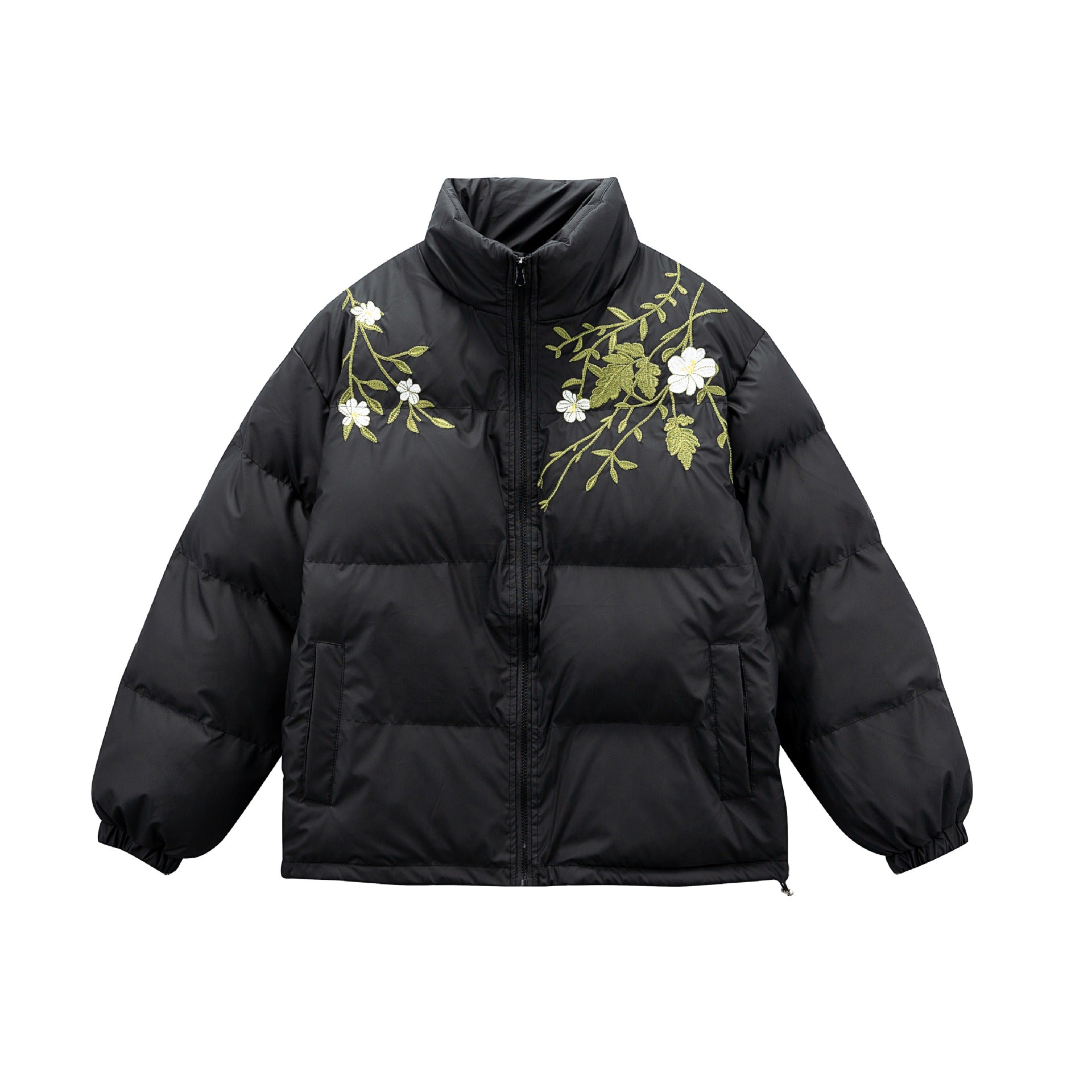 Women's Padded Oversized Quilted Jacket with Stand-up Collar and Floral Embroidery Chichicherry