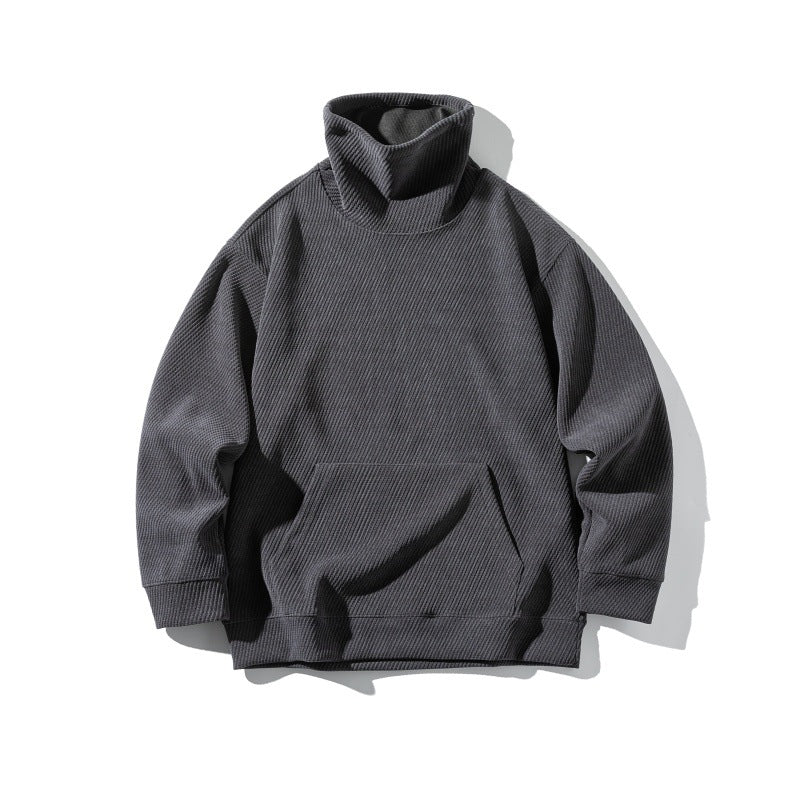 Unisex Oversize Waffle Structure Half Roll Neck Sweatshirt with Kangaroo Pocket Chichicherry
