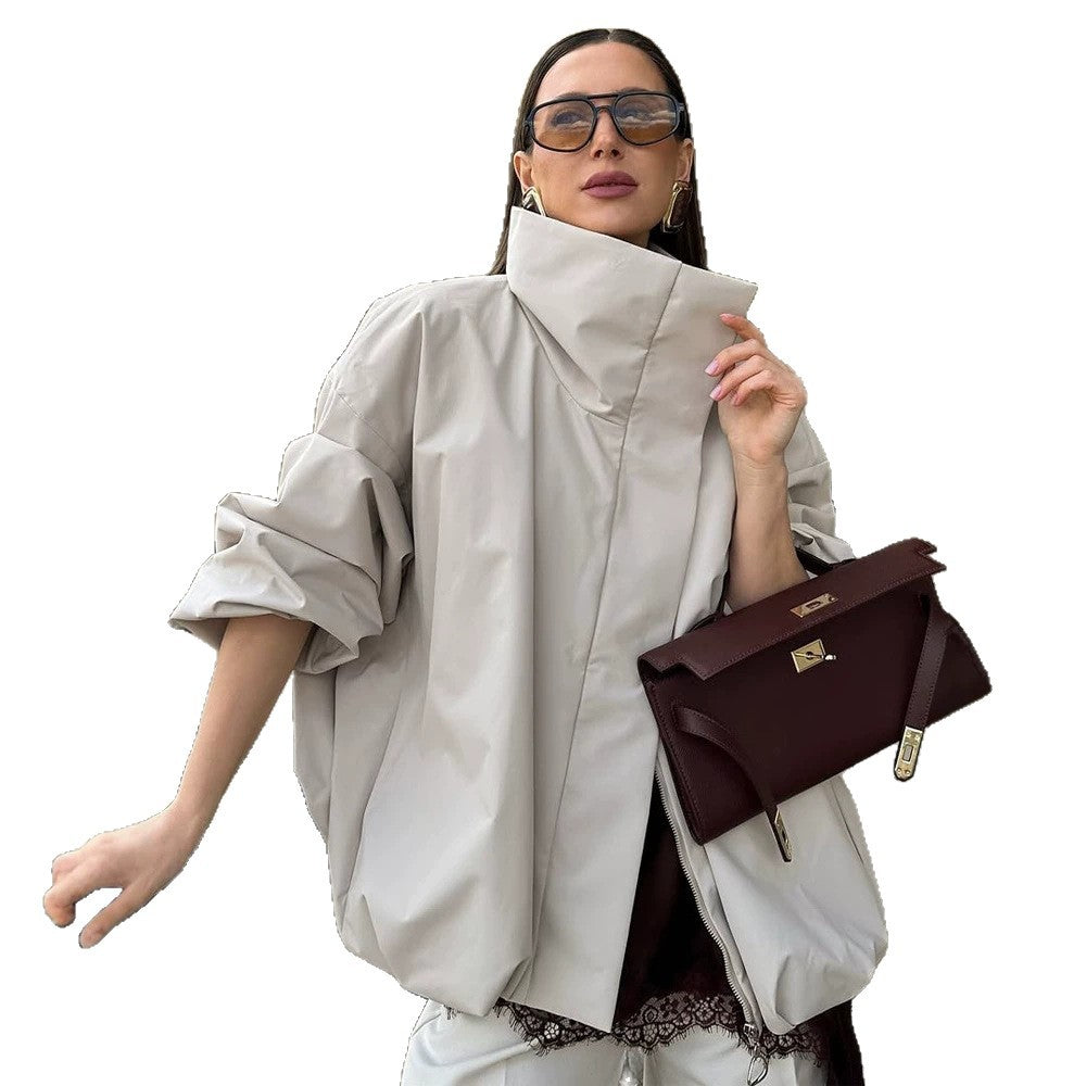 Women's boxy short quilted jacket with high asymmetric stand-up collar Chichicherry
