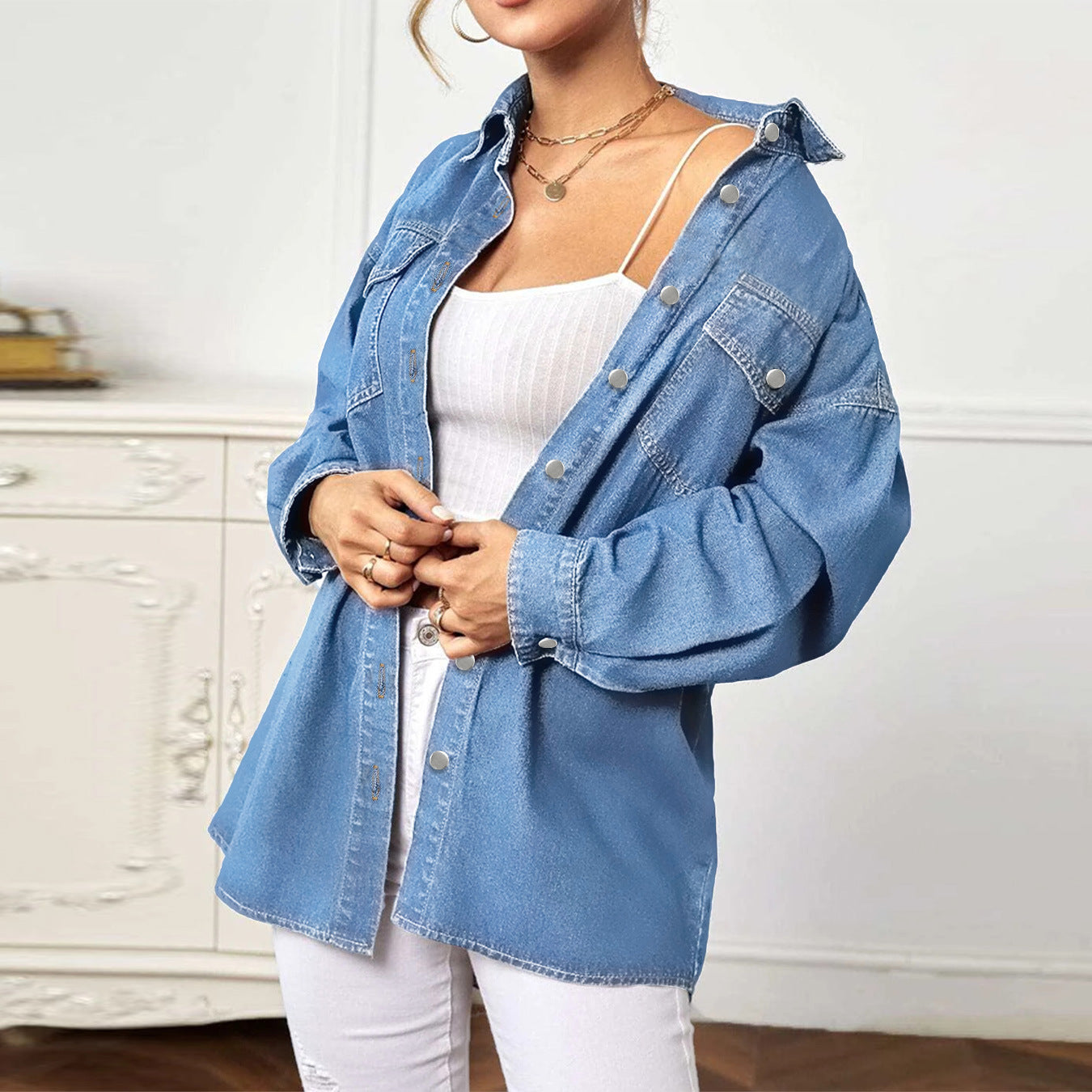 Women's Longline Denim Shirt Jacket Oversized with Flap Pockets Chichicherry