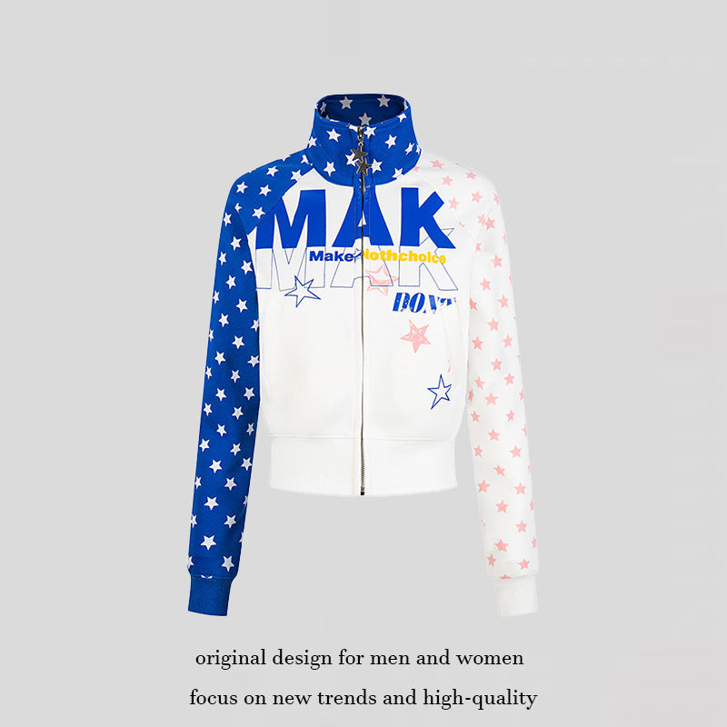 Women's cropped zip-up sweatshirt with stand-up collar, star print, and raglan sleeves Chichicherry