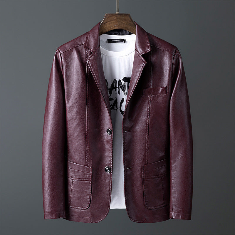 Men's Faux Leather Blazer in Slim Fit with Shirt Collar, Flap Pockets, and Elegant Pilot Silhouette Chichicherry