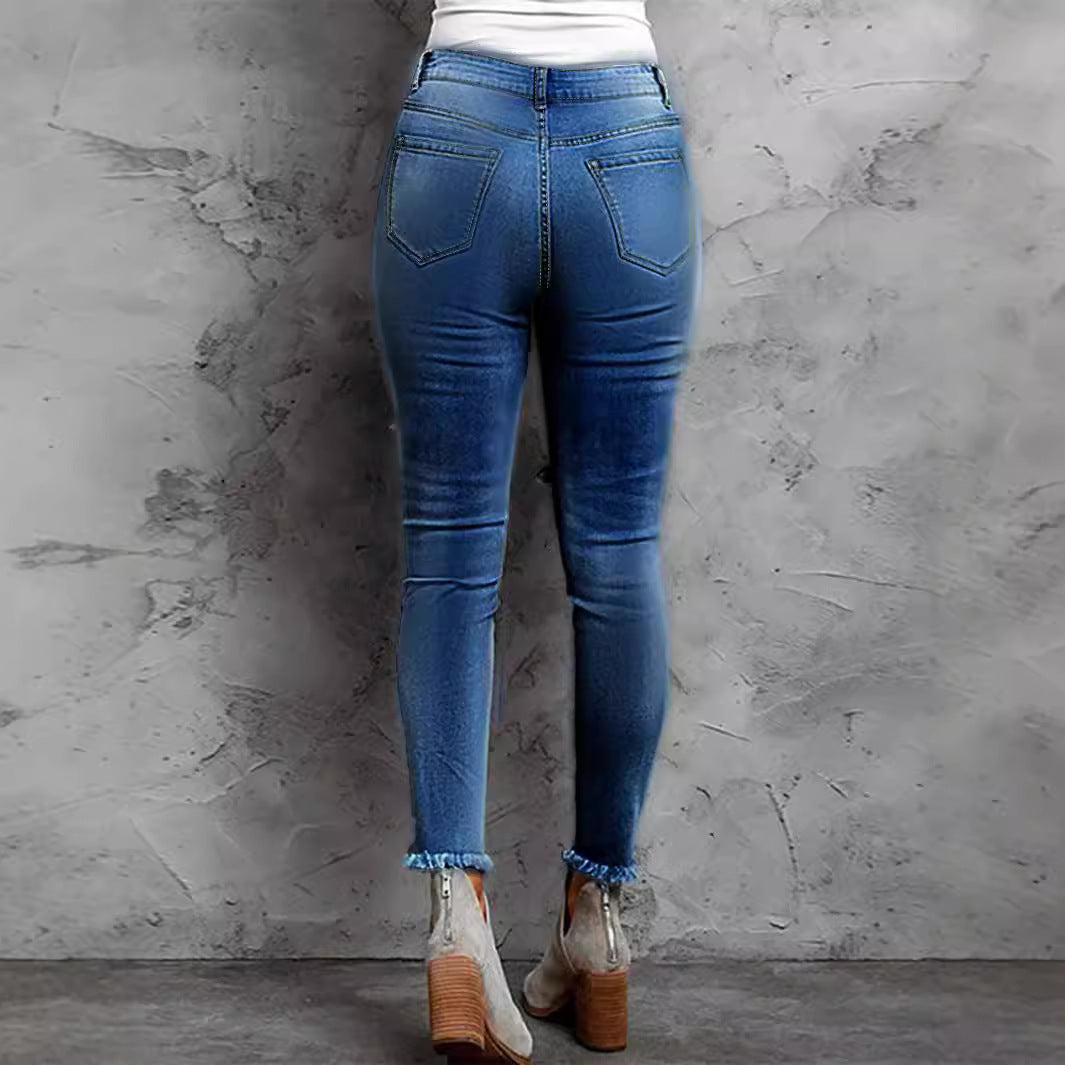 Women Stretch Skinny Jeans with High Waist, Knee Ripped Details and Leo Underlay Chichicherry