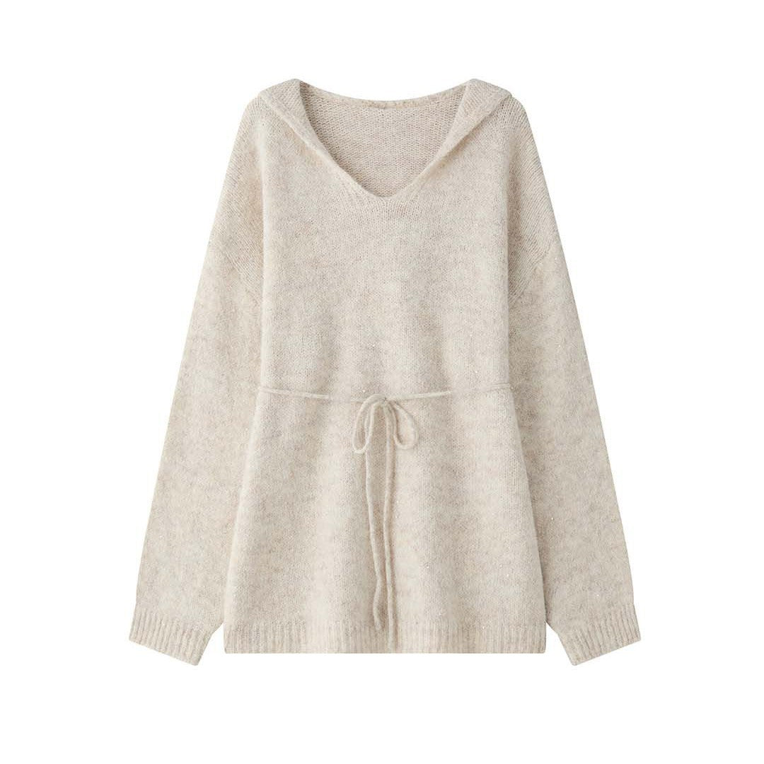 Women Soft Mohair-Effect V-Neck Sweater with Drawstring Waistband Chichicherry