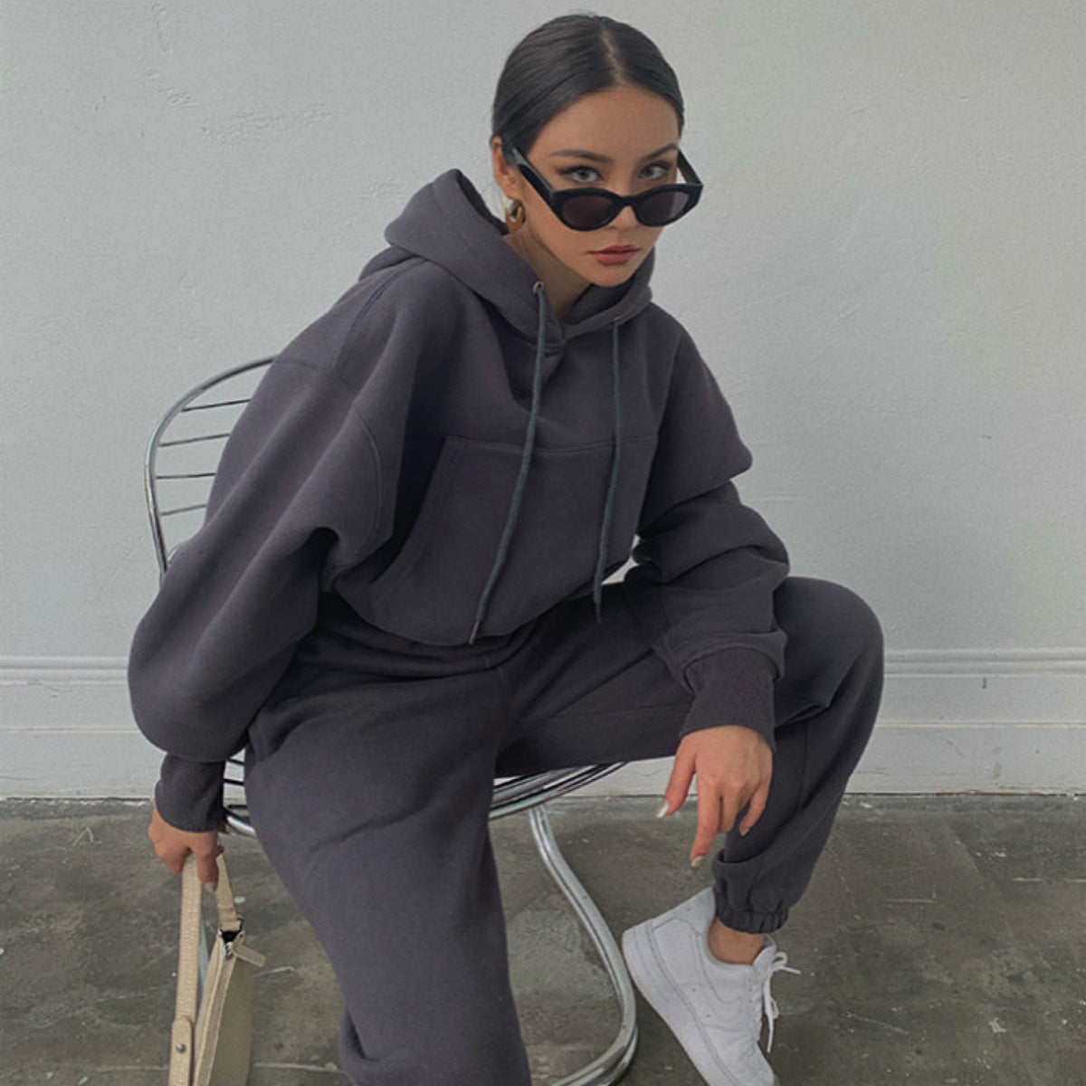 Damen Oversized Loungewear-Set aus French‑Terry mit Kapuze und High‑Waist Jogginghose Chichicherry