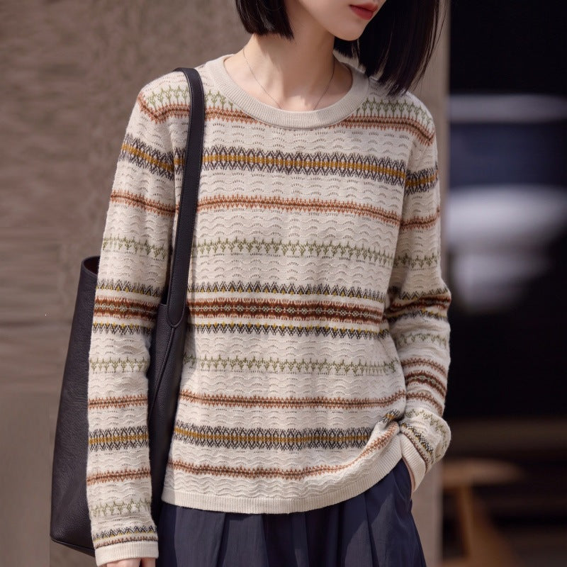 Women Light Fair-Isle Fine Knit Sweater with Round Neck and Fine Stripe Structure Chichicherry