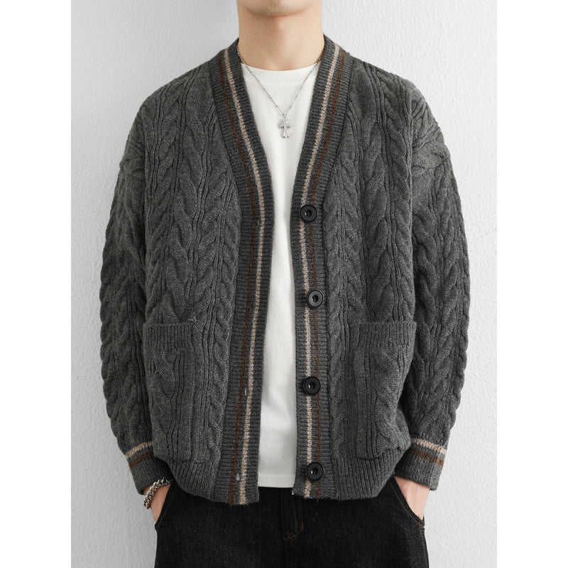 Herren Grober Zopfstrick-Cardigan mit aufgesetzten Taschen und Kontraststreifen Chichicherry